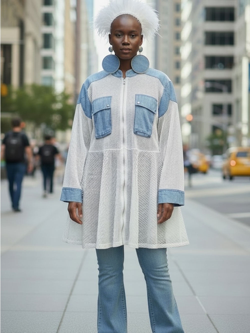 White Mesh Jean-Trim Zip Front Jacket